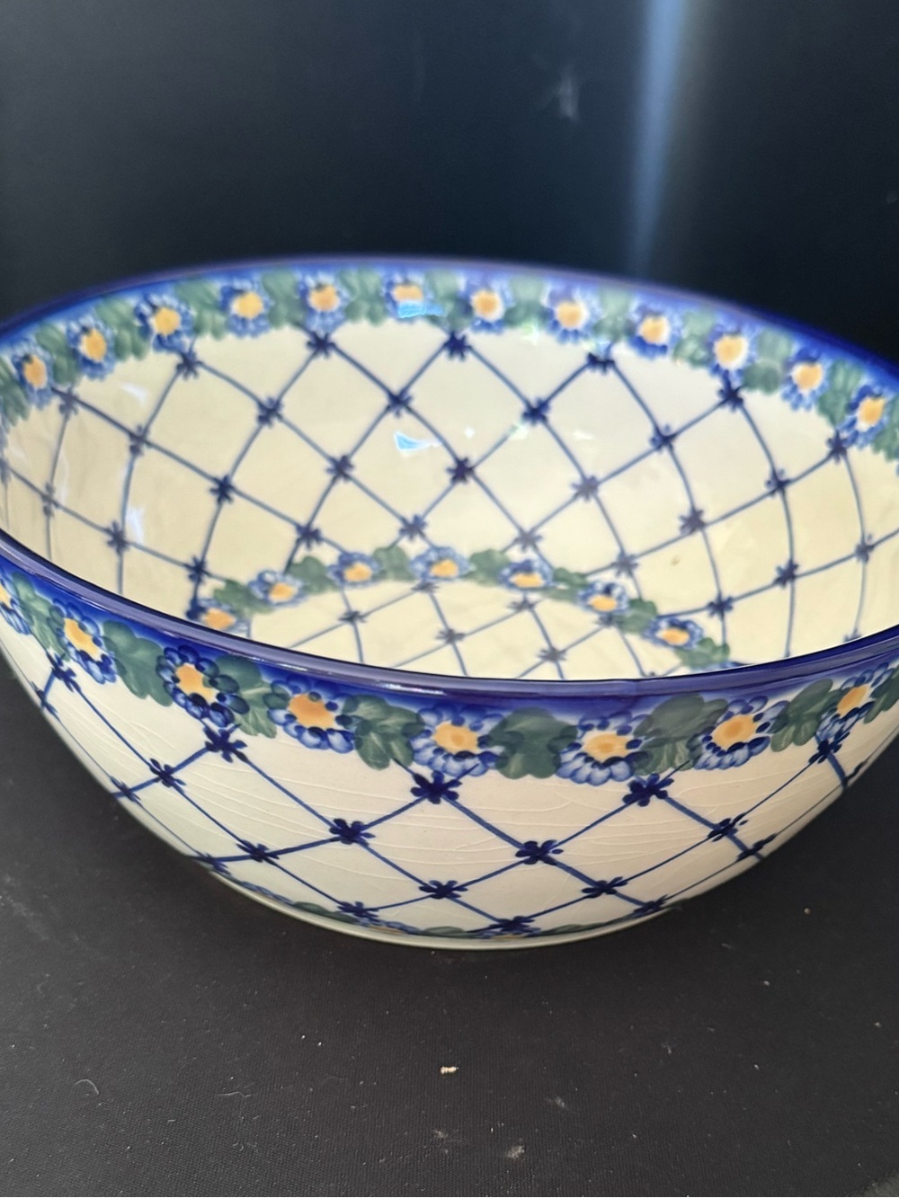 Polish Pottery Blue Floral Lattice Ceramic Serving Bowl Crazing